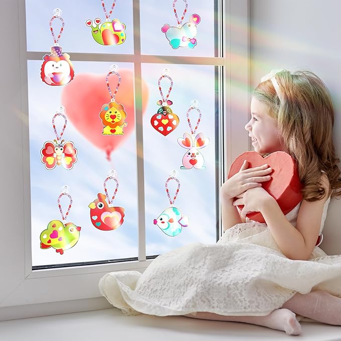 30 Set Valentine's Day Craft Kit Pink Heart DIY Craft Make Your Own Painting Suncatcher Ornaments for Valentine Art Painting Activity