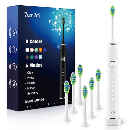 7AM2M Sonic Electric Toothbrush with 6 Brush Heads for Kids and Children, One Charge for 90 Days, Wireless Fast Charge, 5 Modes with 2 Minutes Build in Smart Timer, Electric Toothbrushes(White)