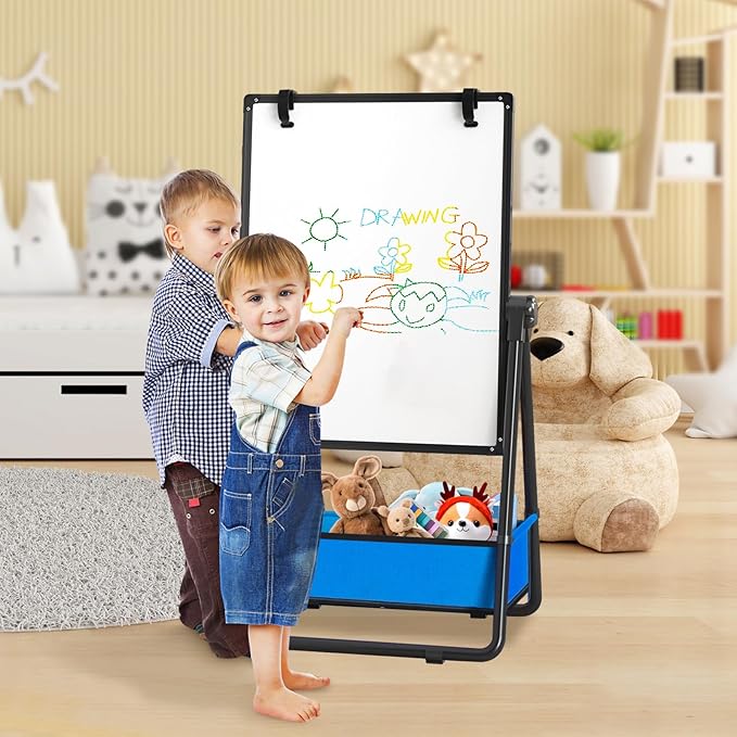 Kids Easel Double-Sided Art Easel with Paper Clip Height Adjustable Whiteboard & Chalkboard 360°Rotating Standing Art Easel for Kids Gift for Boys and Girls Toys for Ages 2-4