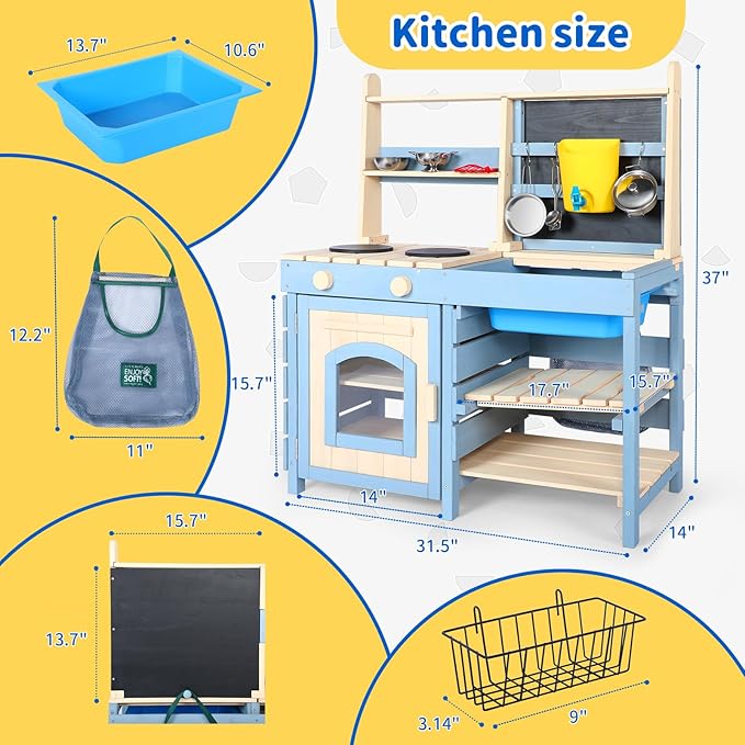 2 in 1 Mud Kitchen for Kids,Outdoor Play Kitchen & Grocery Store with Sink & Faucet,Blackboard,Utensils,Stove Top,Storage Bag,Backyard Garden Worktop Toy Toddler Kitchen for Boys and Girls