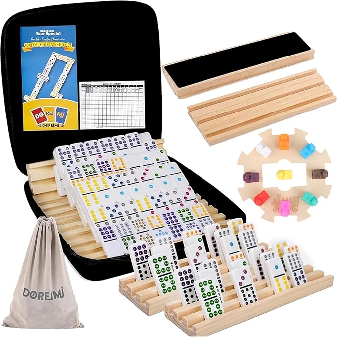 Upgraded Mexican Train Dominoes Set with Wooden Hub and 8 Racks/Trays,Double 12 Dominos Set for Kids, Adults Travel Domino Train Set with 91 Tiles and Carry Case, Classic Board Games for Family Night