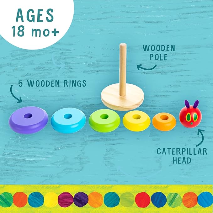 KIDS PREFERRED World of Eric Carle, The Very Hungry Caterpillar Wooden Stacker with Colorful Rainbow Rings, 7 Inch Stacking Solid Wood Educational Developmental Toy –Sorting and Stacking, Multicolor