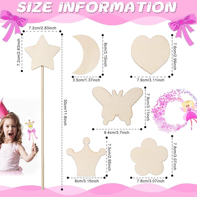 42 Pcs Princess Fairy Wands Kit, Include 36 Pcs Wooden Unfinished Wand DIY Princess Wand with 6 Sheet Colorful Diamond Sticker for Girls Make Your Own Princess Wand, Cosplay Costume Party Favor