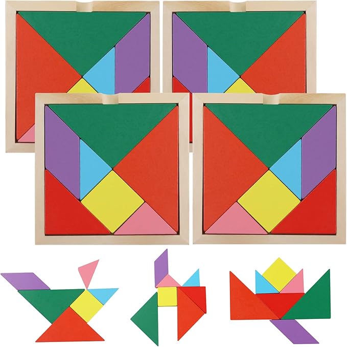3 otters Wooden Tangrams Puzzles, 4 Pack Educational Tangrams Shapes Puzzle Toys for Kids Christmas Stocking Stuffers, STEM Montessori Wood Toy, Brain Logic Blocks