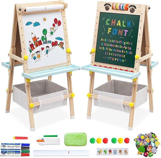 Kids Easel with Paper Roll Wooden Art Easel Height Adjustable Standing Easel with Bead Numbers Alphabet Animal Accessories Double-Sided Whiteboard & Chalkboard for Boys Girls 3 4 5 6 7 8