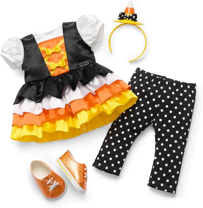 American Girl Trick-or-Treat Candy Halloween Costume for 18 inch Doll Clothes with Polka-dot Leggings, 4 pcs, Ages 6+