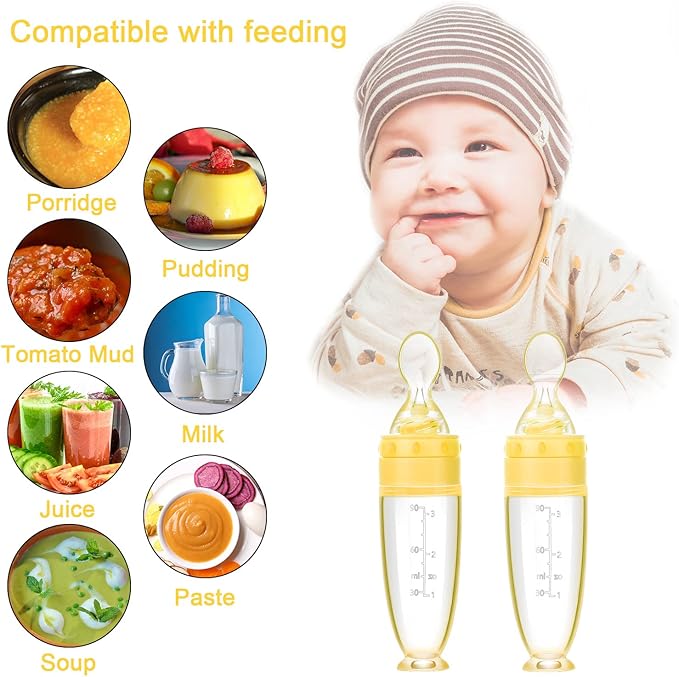 2 Pieces Silicone Baby Spoons Baby Feeding Spoon with Standing Base for Infant 0-24 Months Dispensing and Feeding (Yellow)