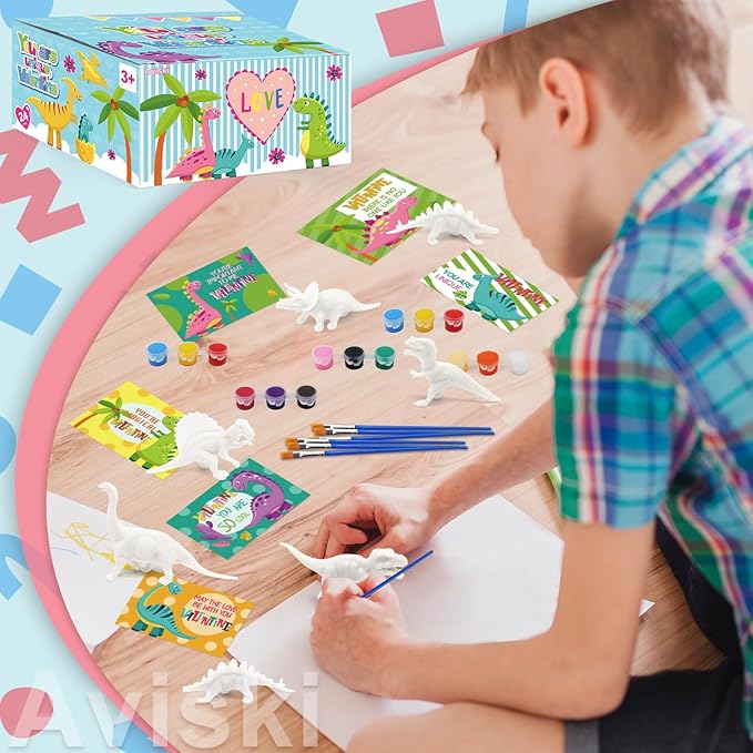 24 Pack Valentines Day Cards for Kids with Dinosaur Painting Kit for Kids, Valentines Greeting Cards for School Classroom Exchange Gifts, Happy Valentines Day Arts and Crafts Party Favor Supplies