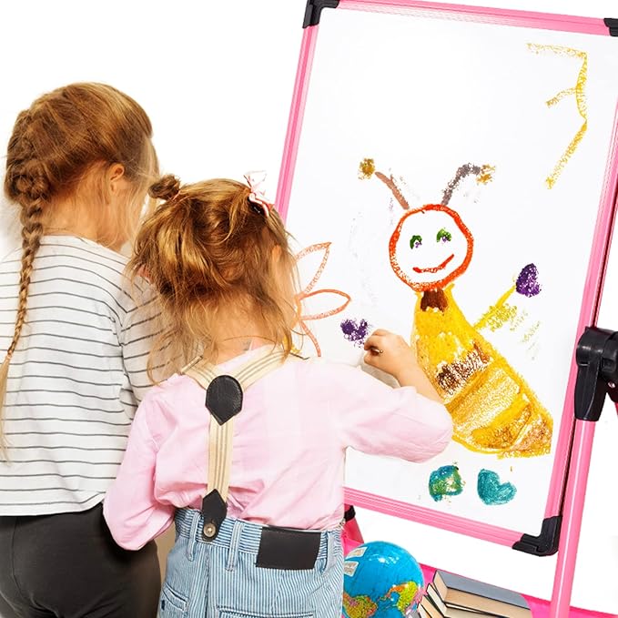 Kids Art Easel with 29.5inch-44inch Height Adjustable Whiteboard&Chalkboard Double Sided Easel 360°Rotating Art Easel for Kids Pink Over 3 Years Old