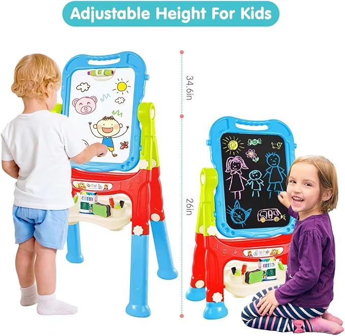 Amagoing Easel for Kids, Adjustable Standing Art Easel for Toddler, Double Magnetic Drawing Board with Painting Accessories, Gift for Little Boys and Girls Age 3 4 5, Blue