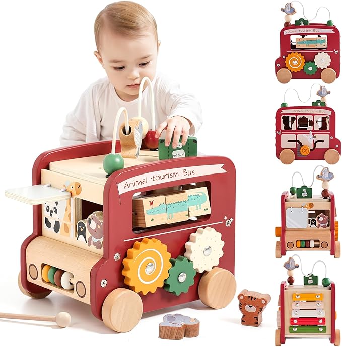 Wooden Activity Cube 8-in-1 Montessori Toys | Multifunctional Early Educational Learning Toys | Activity Cube for Baby Shape Sorter Xylophone Animal Travel Bus Toys Boy Girl Birthday Gift（Red Bus）