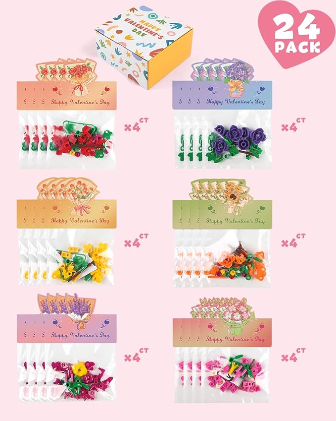 24 Pack Valentine's Flower Bouquets Building Blocks - Ideal for Kids Classroom Exchange, Party Favors, and School Gifts, includes Greeting Cards & Variety Designs for Boys and Girls