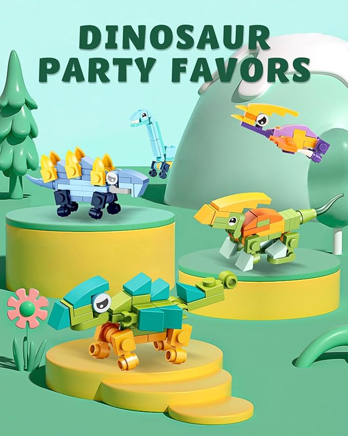 24 Pack Prefilled Dinosaur Valentines Building Blocks Set for Kids, Classroom & School Exchange Gifts with Valentine's Day Cards, Ideal Party Toy for Boys & Girls