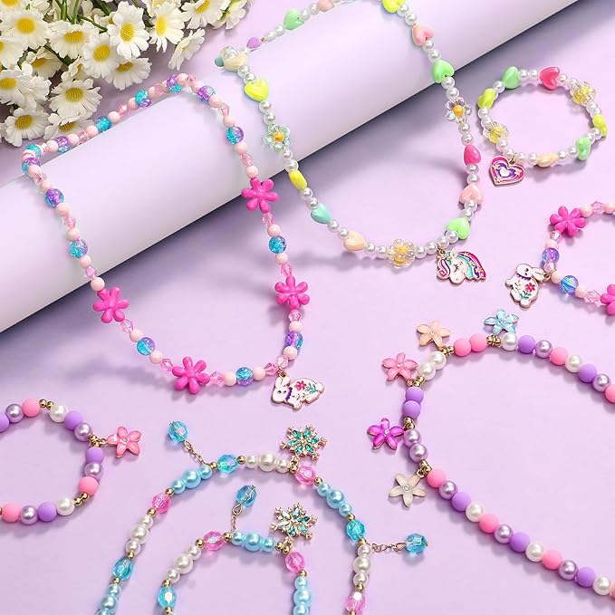 4 Sets Girls Jewelry Princess Unicorn Flower Frozen Necklaces Bracelets for Toddler Girl Princess Costume Dress Up Play Party Favors Toy Gifts for Little Girls Years Old 3 4 5 6 7 8