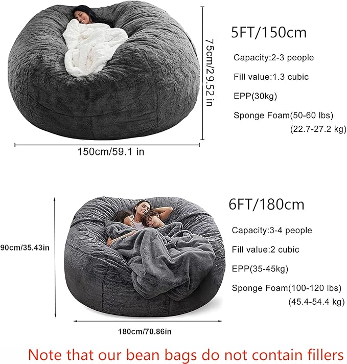 cjc Giant Fur Bean Bag Chair Cover for Kids Adults, (No Filler) Living Room Furniture Big Round Soft Fluffy Faux Fur Beanbag Lazy Sofa Bed Cover,Snow White,7FT 180 * 90cm(Snow White)