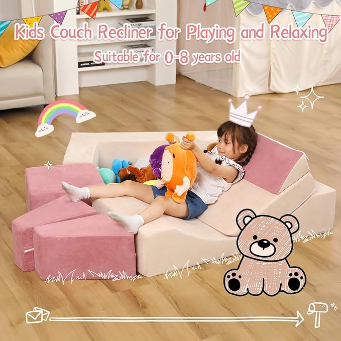 Kids Couch Toddler Couch, Modular Kids Play Couch with Recliner, Imaginative Kids Couch Sofa, Foam Play Couch for Creative Boys & Girls, Playroom Furniture Indoor