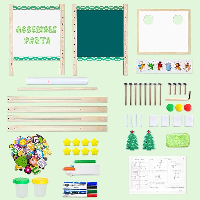Kids Easel with Paper Roll Wooden Art Easel with Chalkboard & White Board Painting Accessories Storage Tray Double-Sided Board Height Adjustable