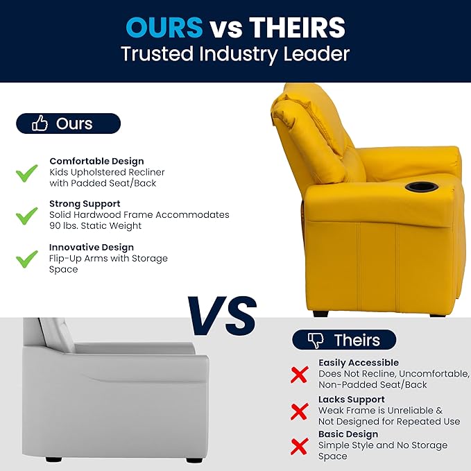 Flash Furniture Vana Vinyl Kids Recliner with Cup Holder, Headrest, and Safety Recline, Contemporary Reclining Chair for Kids, Supports up to 90 lbs., Yellow