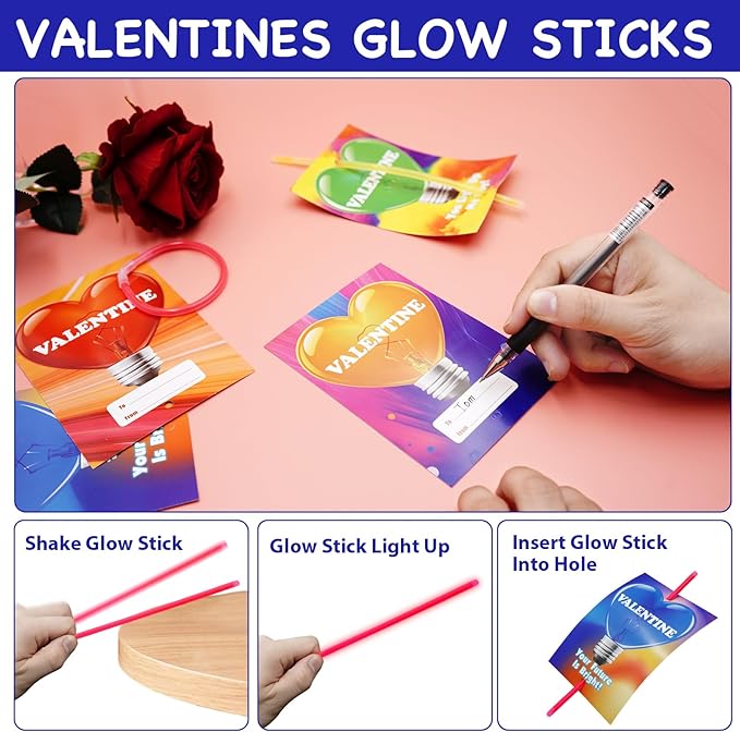 32 Pack Valentines Day Gifts For Kids,Valentines Glow Sticks Bracelets with Valentines Cards Valentines Day Gifts for Kids School Classroom Exchange Valentine's Day Party Favors Supplies