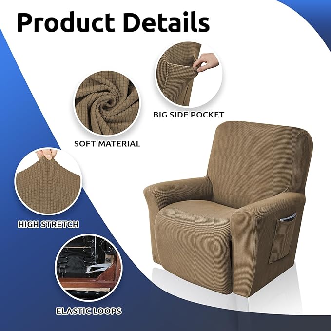 KEKUOU Recliner Chair Covers,Lazy Boy Recliner Covers Stretch Couch Cover Slipcovers 1 Piece Furniture Protector with Elastic Bottom for Kid,Dog(Recliner,Camel)