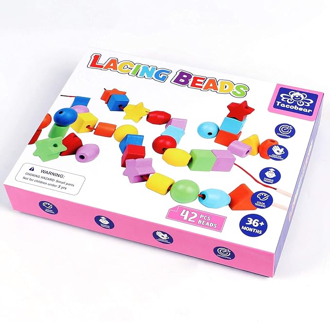 Atoylink 42PCS Lacing Beads Montessori Toys for Toddlers Wooden Primary String Threading Beads Rainbow Lacing Toy Preschool Fine Motor Skills Educational Toy for 3 4 5 6 7 8 Years Old Kids Boys Girls