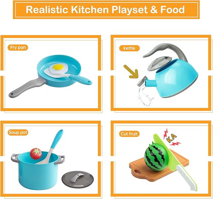 90Pcs Kitchen Playset Accessories, Pretend Cooking with Pots, Pans, Cookware, Food, Fruit, Veges, Color Sorting Baskets, Prop Money, Learning Gift for Girls Boys Toddlers (Turquoise)