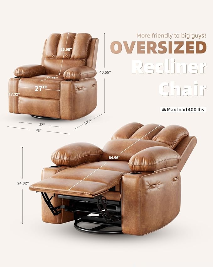 27'' Leather Recliner Chair Oversized, Overstuffed Manual Recliner Chair, Single Sofa for Adults, with Cup Holder and Side Pockets, for Living Rooms, Max Weight 400 lbs, Vintage Leather