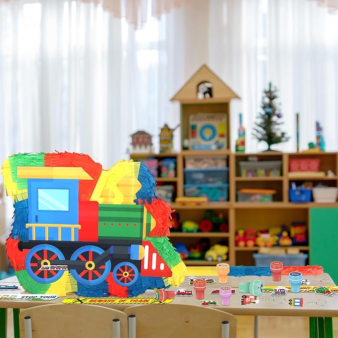 3D Train Pinata Set, Train Themed Birthday Party Game Supplies, Include Stickers Stamps Keychains Slap Bracelets, Train Party Decorations for Kids, Train Pinata for Boys Birthday Party Favors