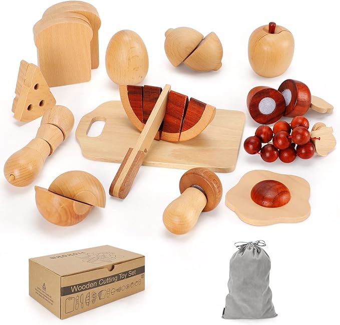 WHOHOLL Wooden Play Food, Toddler Cutting Play Food Sets for Kids Kitchen, Velcro Fake Food Fruit Toys for Pretend Play Kitchen, Montessori Toy Kitchen Accessories for Girls Boys Gifts