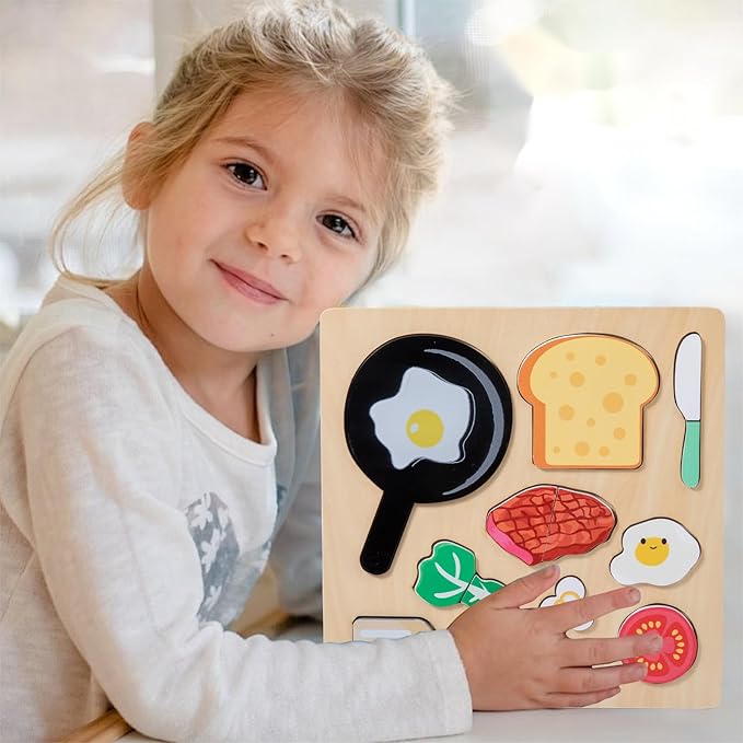 Adena Montessori Wooden Puzzles Play Fake Food for Kids Cookware Fried Egg Vegetables Set Kitchen Toys