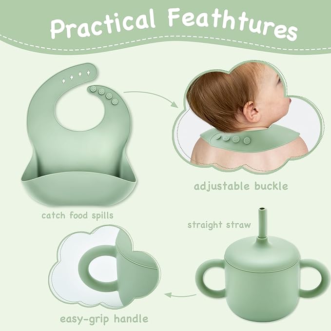 Silicone Baby Feeding Set, Baby Led Weaning Supplies, Eating Essentials Utensils with Suction Plate and Bowl, Pocket Bib, Sippy Cup with Lid, Forks Spoons Snack Container, for 6+ Months, Green