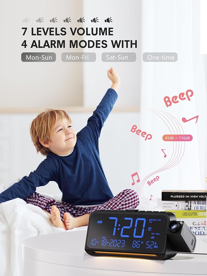 Projection Alarm Clock for Bedroom Ceiling, Digital Clock Projector with Weekday/Weekend Mode, Date, Temperature, Humidity, Type-C USB Charger, Snooze, Dual Alarms, Dimmer,12/24H