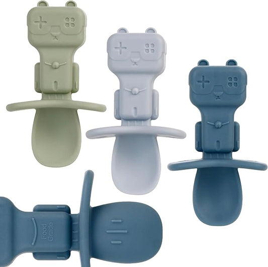 Silicone Baby Spoons, 3PCS Baby Spoons Self Feeding 6+ Months Robot Baby Utensils Baby Led Weaning Spoons with Anti Choke Barrier First Stage Training Toddler Spoons, BPA Free (Blue)