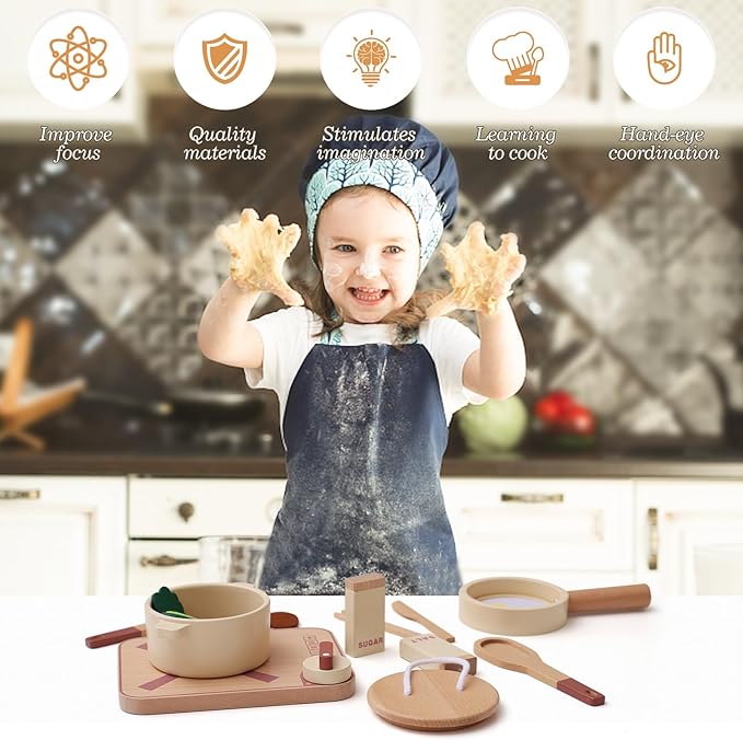 OESSUF Kitchen Set for Kids Wooden Play Kitchen Accessories Toddler Pretend Baking Cooking Playset, Cookware Utensils Learning Toys with Play Pots and Pans, Montessori Toy Gift Sets for Kids