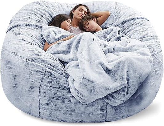 DELADOLA Bean Bag Cover(NO Filler,Cover ONLY) Big Bean Bag Storage Chair Bean Bag Sofa Chair Soft Fluffy Fur Portable Living Room Sofa Bed Cover (Snow Gray, 6FT)