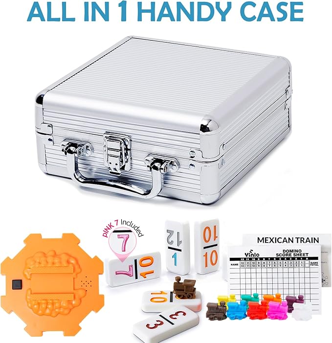 Yinlo Mexican Train Domino Set with Sound Effect, Dominoes Set for Travel, 91 Tiles Double 12 Colored Dominoes Travel Game Set with Aluminum Case（Adult Edition