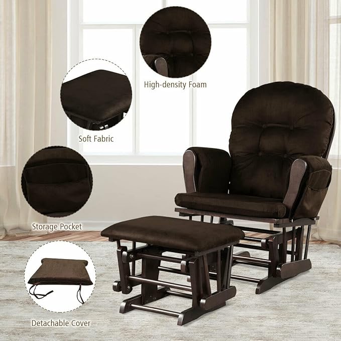 Costzon Nursery Glider with Ottoman, Upholstered Comfort Glider Rocker with Padded Cushion, Storage Pocket, Solid Wood Base, Rocking Chair Nursery for Breastfeeding, Maternity, Napping (Brown)