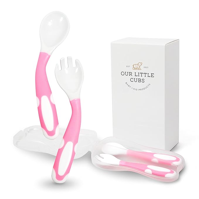 Bendable Baby and Toddler forks and spoons Utensils Silverware Set for Kids, 2 Sets (Pink/Pink) – Gum Friendly 2 Toddler Spoons and 2 Forks Self Feeding and Infant Baby Training and toddler silverware