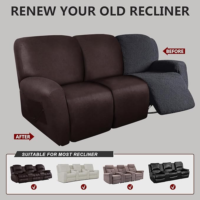 molasofa Recliner Sofa Covers - 8 Pieces Stretch Leather Like Large Couch Covers for 3 Seats Reclining Slipcovers Soft Jacquard Pattern Furniture Protector with Elastic Bottom (Chocolate)