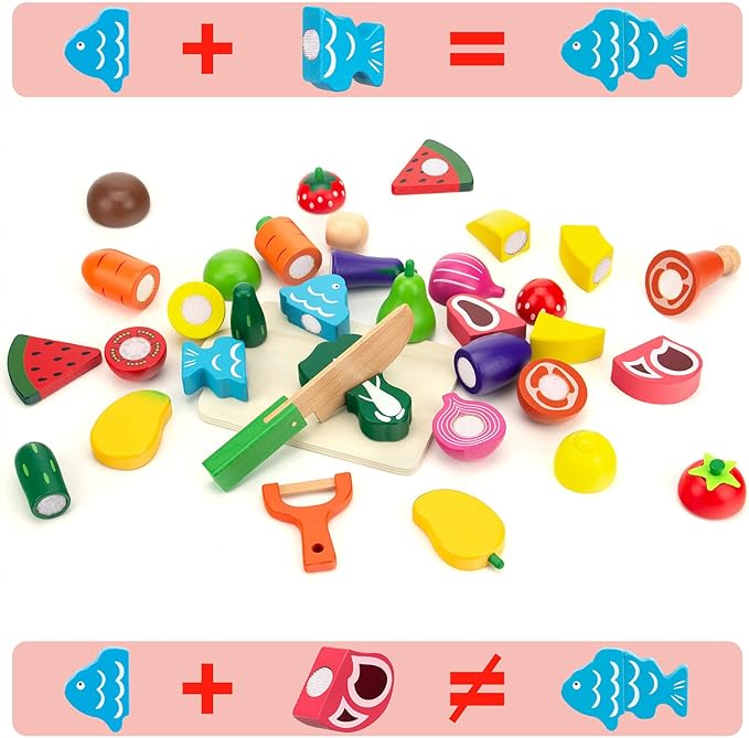 Wooden Play Food Sets for Kids Kitchen Fake Food Cutting Fruits Vegetables and Meat Pretend Play Toddler Toys Food Montessori Toys for 3 4 5 6 7 Years Old Gifts for Boys and Girls