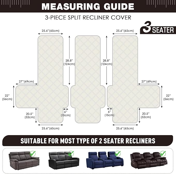 TAOCOCO 100% Waterproof Recliner Sofa Covers 3 Seater, Split Couch Covers for Reclining Couches for Kids Pets, Non Slip Reclining Couch Covers Furniture Protector with Straps(3 Seater, Coffee)