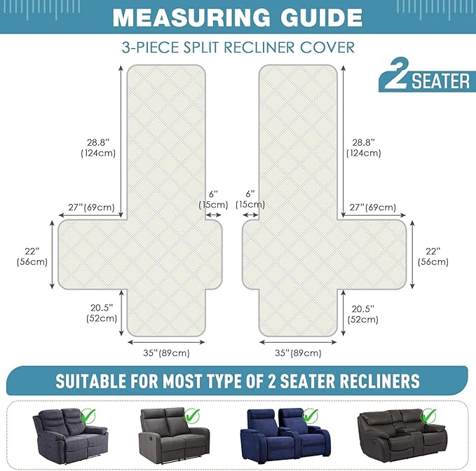 TAOCOCO 100% Waterproof Loveseat Recliner Cover, Non Slip Split Recliner Couch Cover with Elastic Straps, Washable Reclining Sofa Cover Furniture Protector for Kids, Pets(2 Seater, Sky Blue)