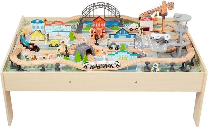 Amazon Basics 120 Piece Wooden Train Set and Table-kids Gift for Age 3Y+, Multi, Product dimensions: 47.4 x 33.46 x 16.14 inches