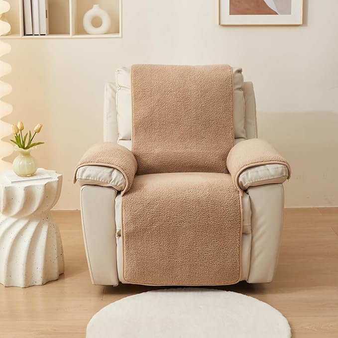 vctops Sherpa Fleece Recliner Chair Cover Super Soft Warm Plush Sofa Slipcover Furniture Protector Non Slip Washable Reclining Chair Cover for Kids, Pets (Camel,22"x82")