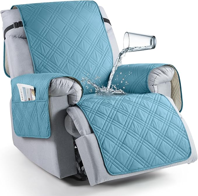 TAOCOCO 100% Waterproof Recliner Chair Cover, Non Slip Recliner Covers for Recliner Chair with Pocket, Washable Reclining Chair Cover Furniture Protector for Kids, Pets(Recliner Chair, Sky Blue)