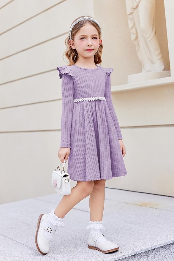 Arshiner Toddler Girl Dress Baby Girls Knitted Ruffle Sleeve Pocket Dresses A-Line Flared Fall Winter Clothes for 2-8 Years