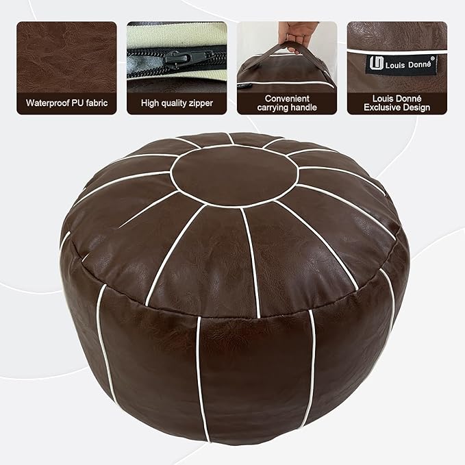 Louis Donné Unstuffed Pouf Ottoman Cover, Handmade Moroccan Foot Stool for Foot Rest, Round Faux Leather Small Bean Bag with Storage Solution, Floor Pouffe Footstool for Living Room, Bedroom Balcony