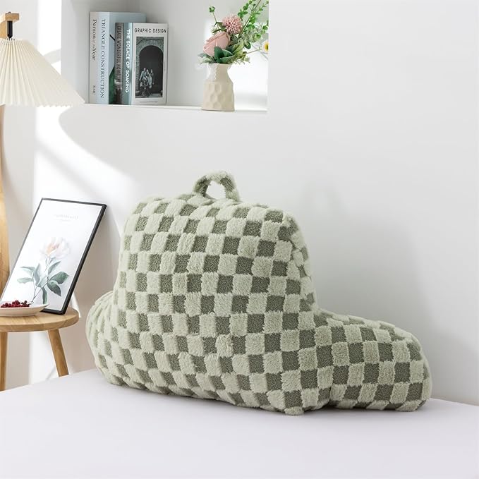 Aimuan Reading Pillow Checkered Bed Rest Wedge Backrest Checkerboard Pillow with Arms Back Support for Sitting Up in Bed Cushion Incline Rest Sleeping Snoring Pillow, Light Green
