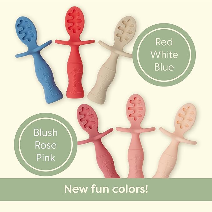 Upward Baby Spoons Self Feeding 6+ Months - 3 Pack, Chewable Toddler Utensils with Anti Choke Barrier, Baby Feeding Essentials, Baby Spoons 4 months, Silicone Baby Spoons, Red White Blue