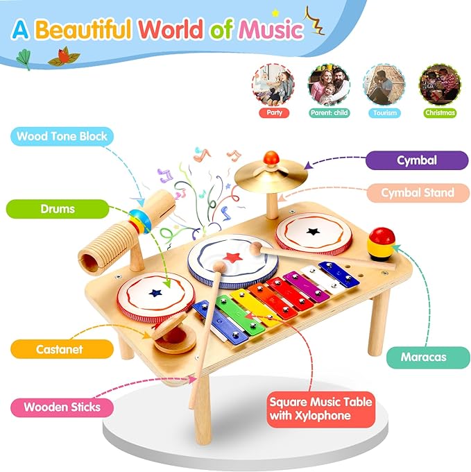Kids Drum Set, Baby Musical Instruments Toys for Toddlers, 9 in 1 Wooden Xylophone Toddler Drum Set Percussion Instruments Musical Toys Birthday Gifts for Children Boys and Girls